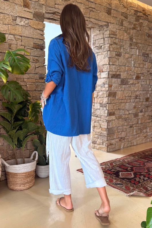 Made in Italy Pia Pillow Cotton Embroidered Tile Classic Shirt Mediterranean Blue